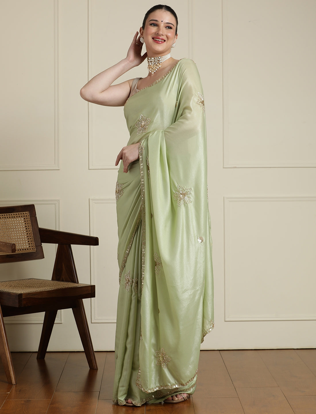 Embellished Sequinned Saree in Green