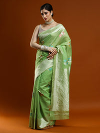 Sarha Ethnic Motifs Embroidered Zari Embroidered Chanderi Saree in Green