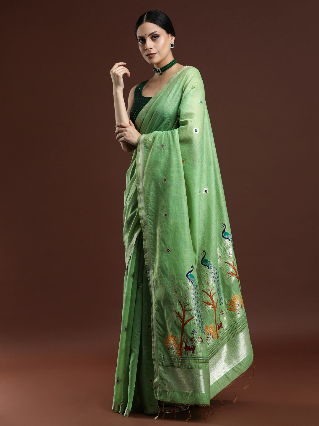 Woven Design Floral Muga Cotton Saree in Green