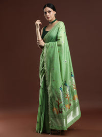 Woven Design Floral Muga Cotton Saree in Green