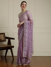 Floral Embroidered Beads And Stones Saree With Blouse Piece in Purple