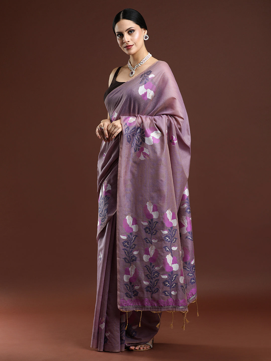 Woven Design Floral Muga Cotton Saree in Lavender
