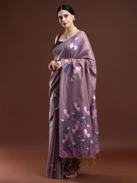 Woven Design Floral Muga Cotton Saree in Lavender