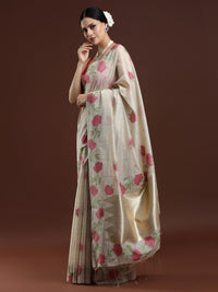 Woven Design Floral Muga Cotton Saree with Pink Motifs