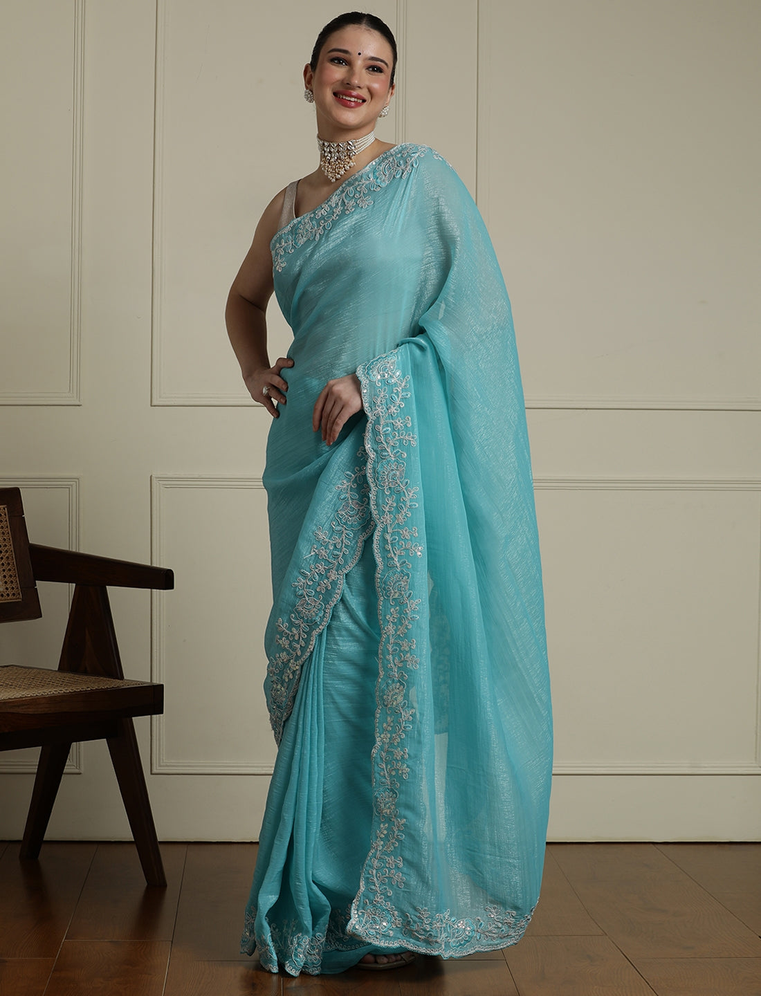 Solid Embellished Beads and Stones Saree in Blue