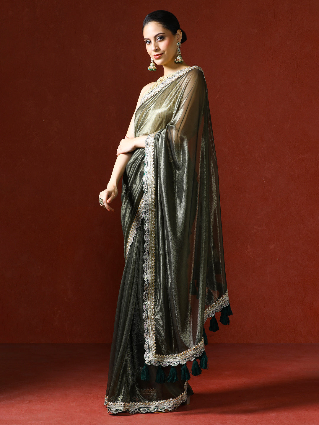Embellished Satin Silk Sequinned With Tassles Saree in green