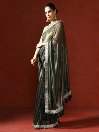 Embellished Satin Silk Sequinned With Tassles Saree in green