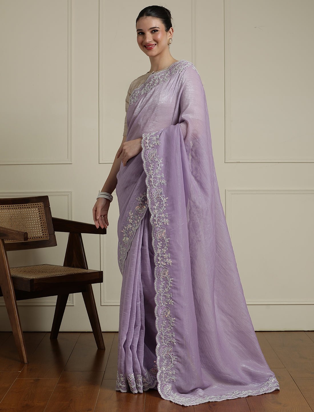 Embroidered Embellished Saree With Unstitched Blouse in Lavender