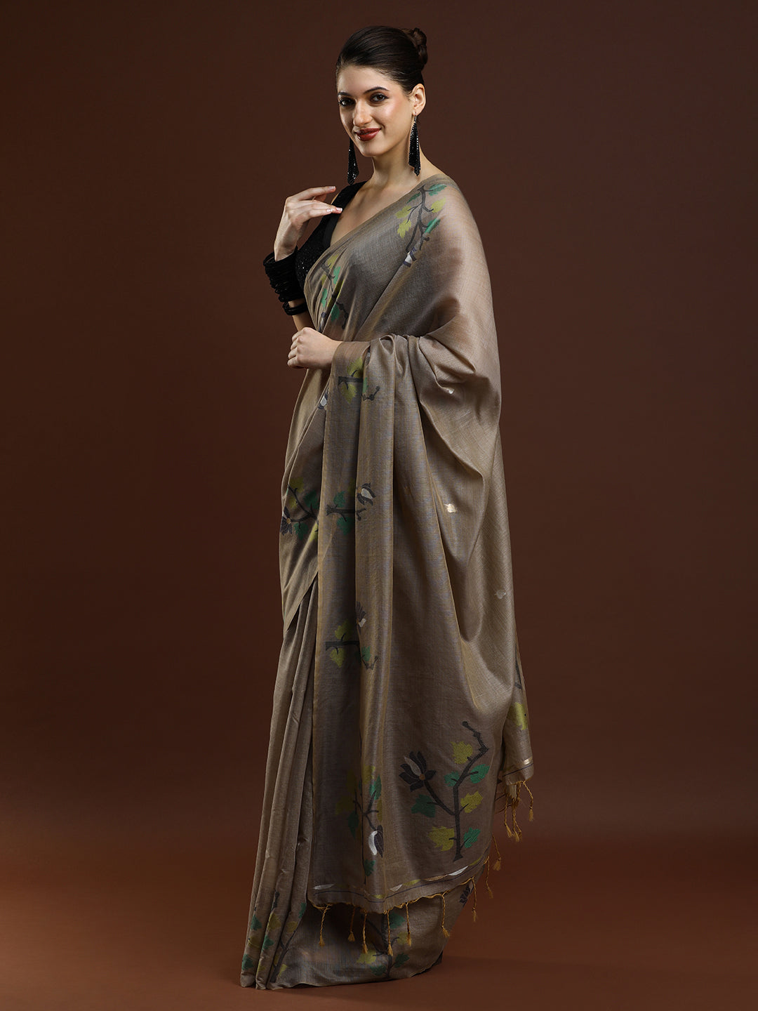 Sarha Ethnic Motif Woven Design Zari Muga Saree in Grey