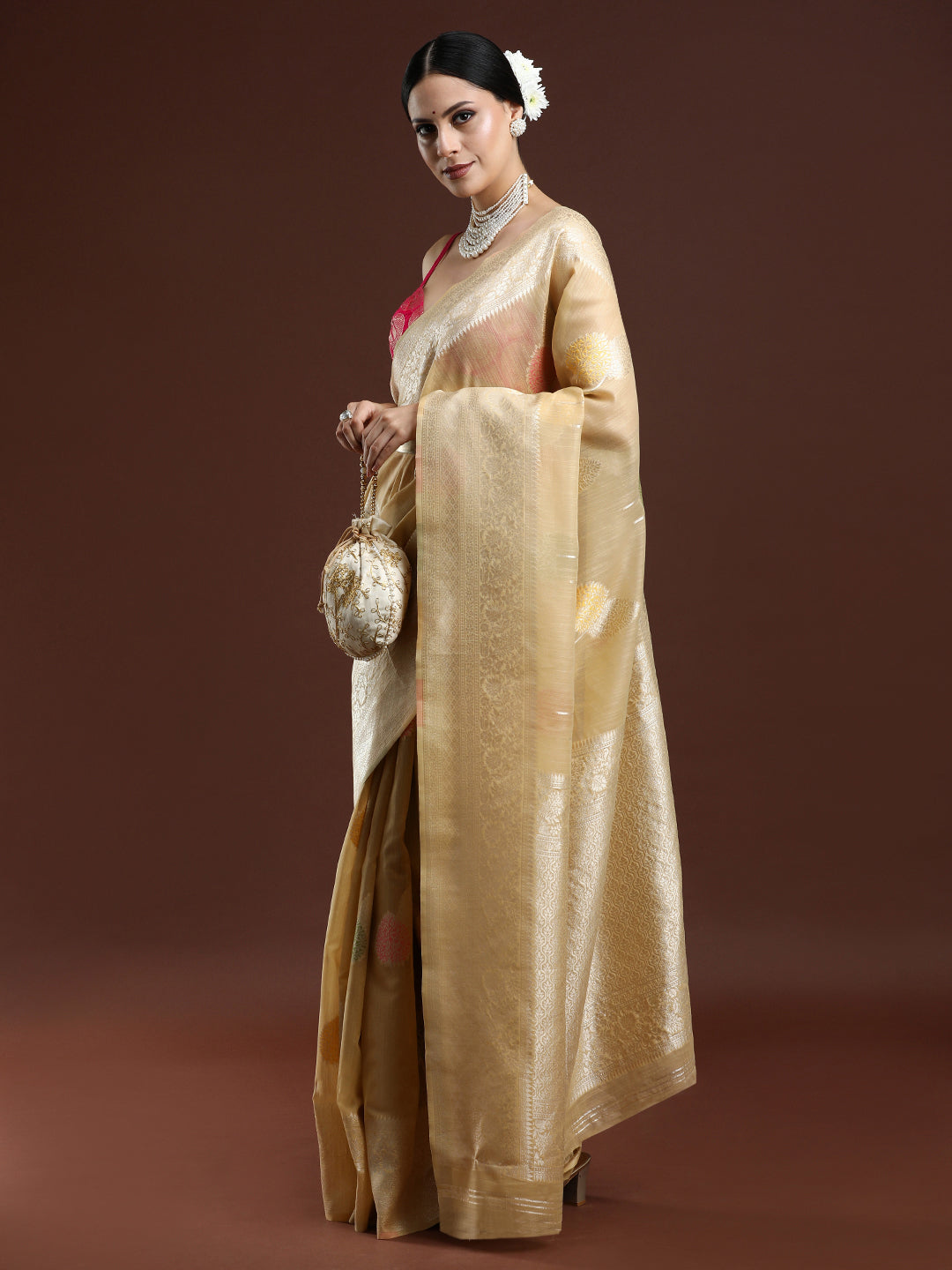 Woven Design Chanderi Cotton Saree in Beige