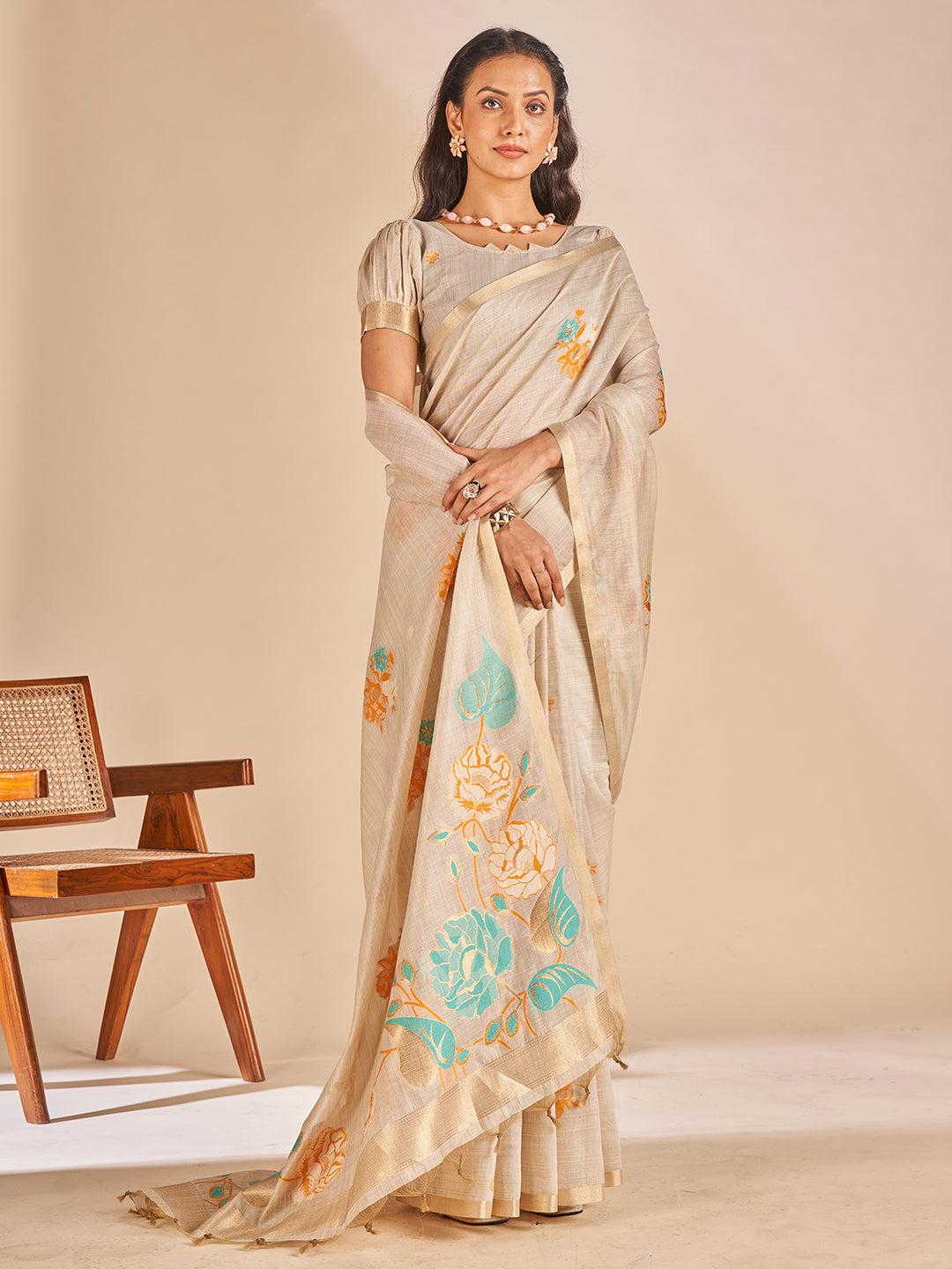 Leela Cotton In Beige With Orange Motifs