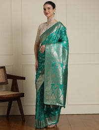 Ethnic Motif Woven Design Zari Banarasi Satin Silk Saree & Blouse Piece in Sea Green