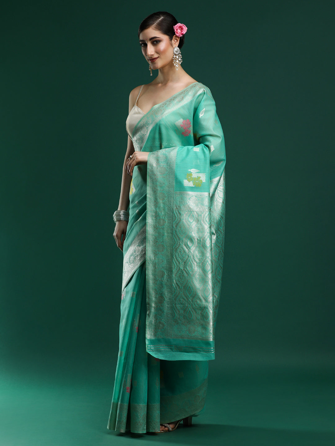 Woven Design Floral Chanderi Cotton Saree in Sea Green