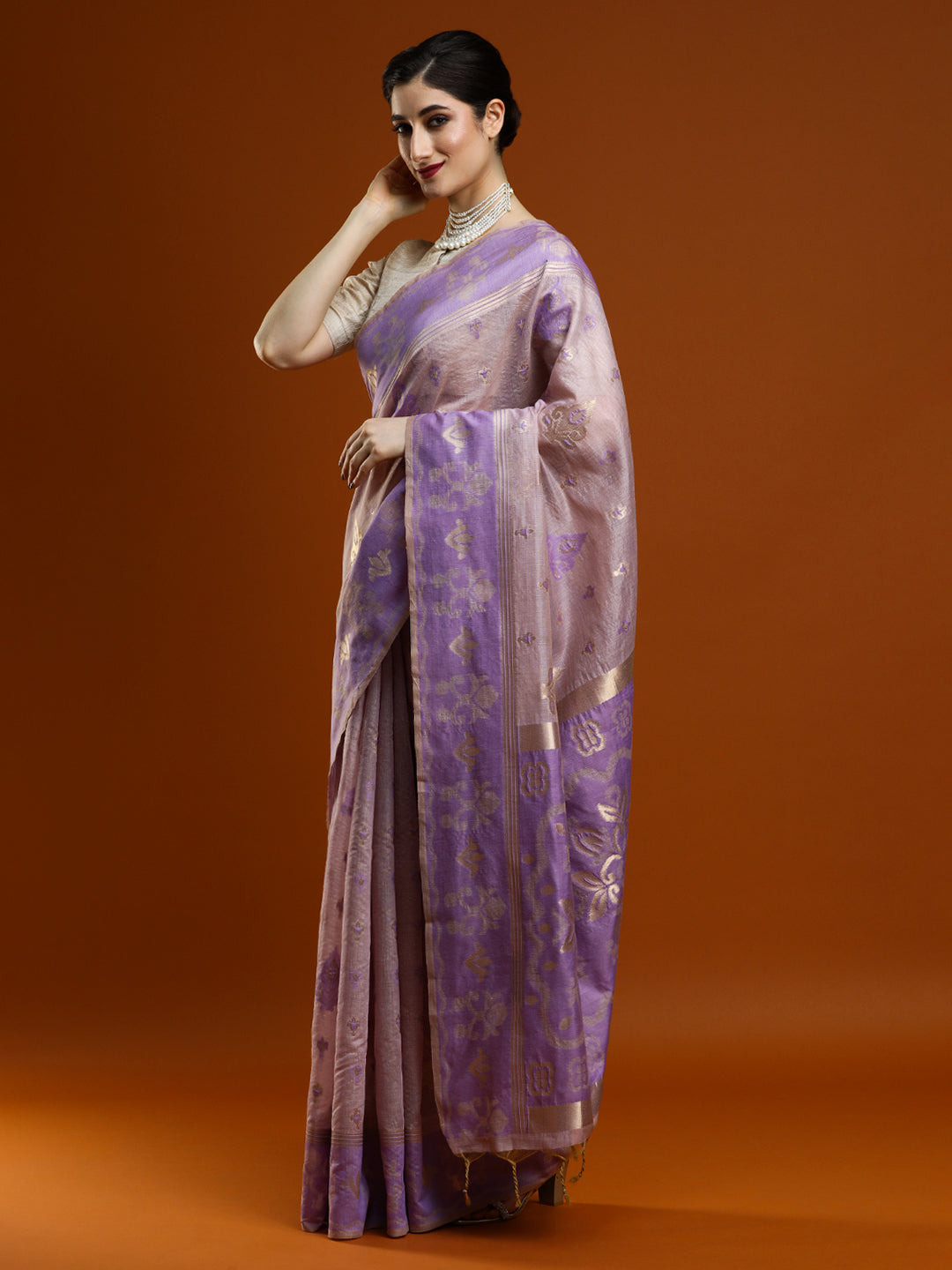 Sarha Ethnic Motif Woven Design Zari Chanderi Saree in Lavender