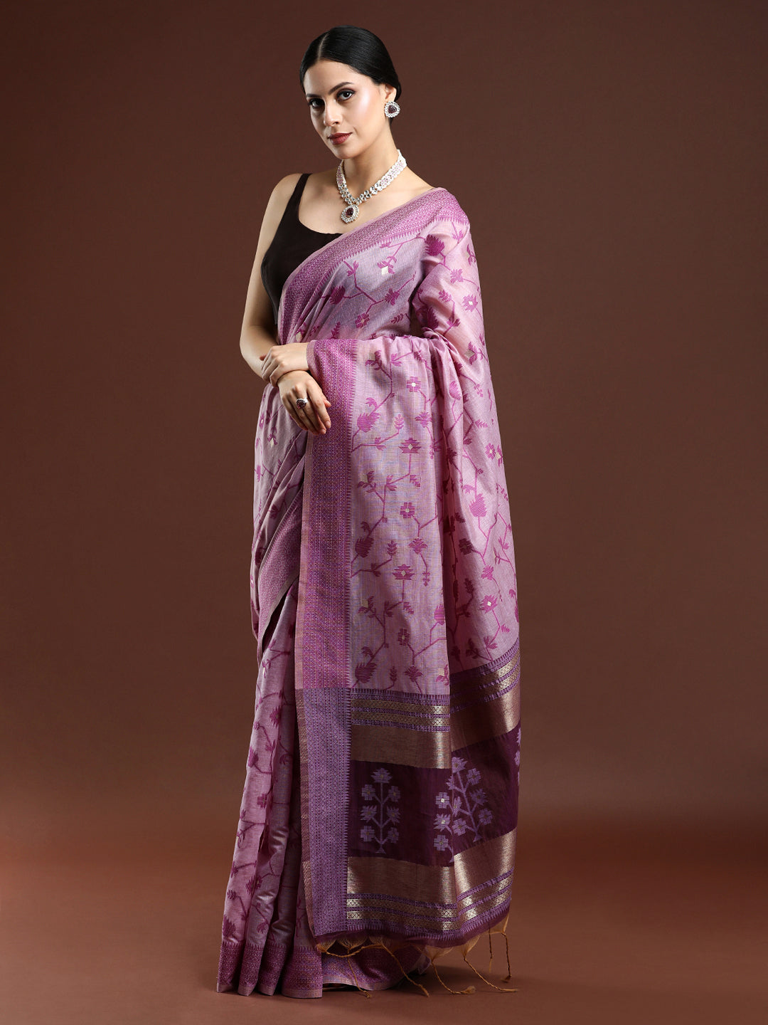 Woven Design Floral Chanderi Cotton Saree in Purple