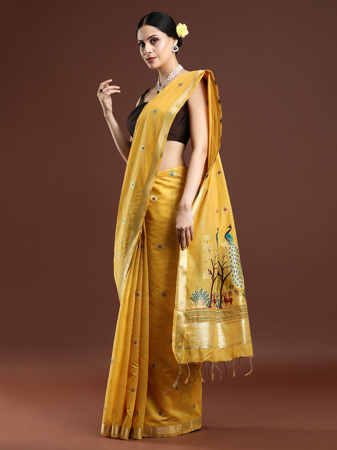 Woven Design Floral Muga Cotton Saree in Yellow