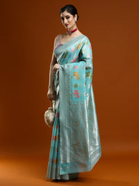 Sarha Floral Motifs Woven Design Zari Chanderi Saree in Light Blue