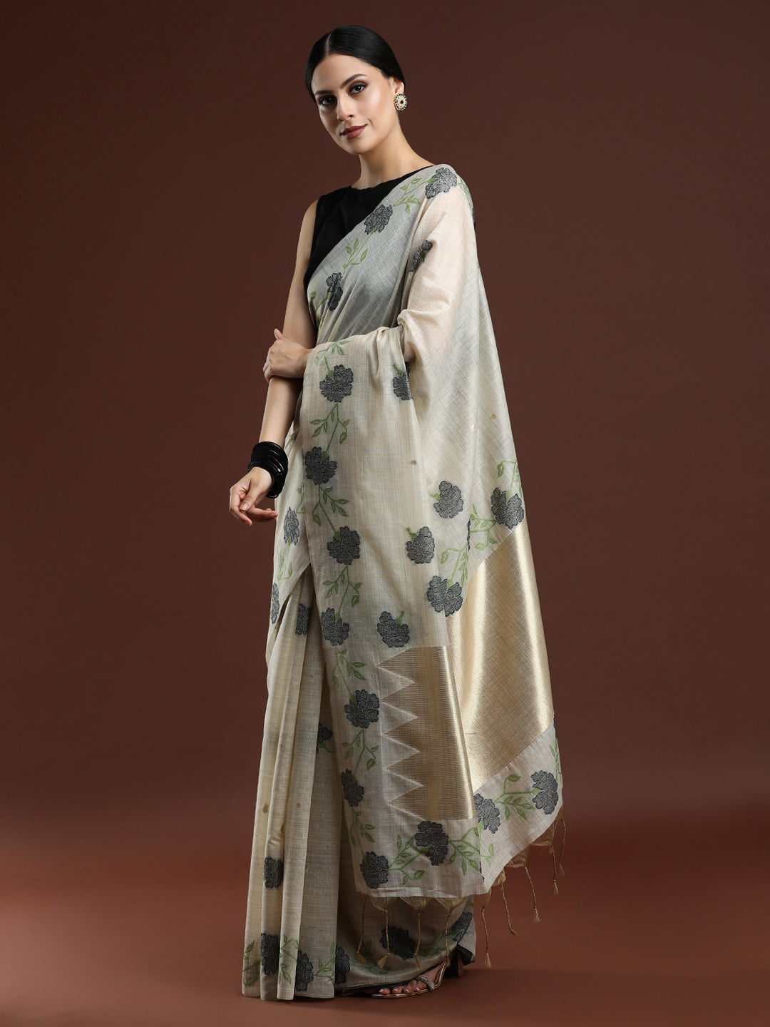 Woven Design Floral Muga Cotton Saree with Grey Motifs