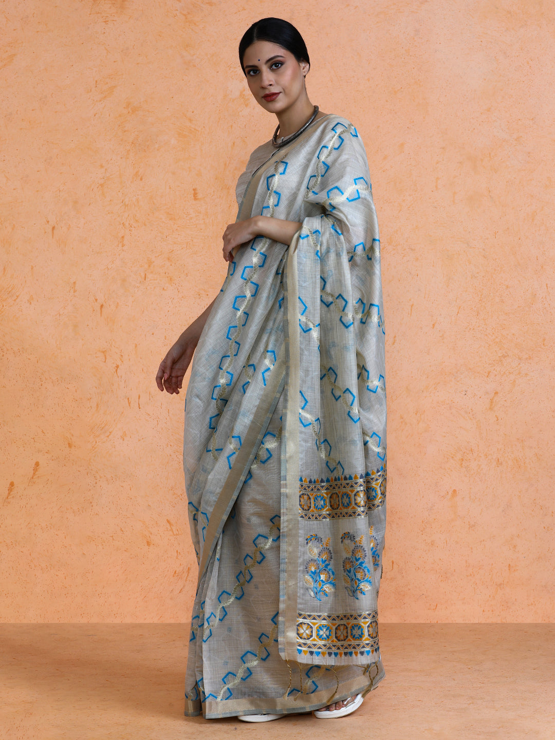 Devina Cotton in Beige with Sky Blue Motifs