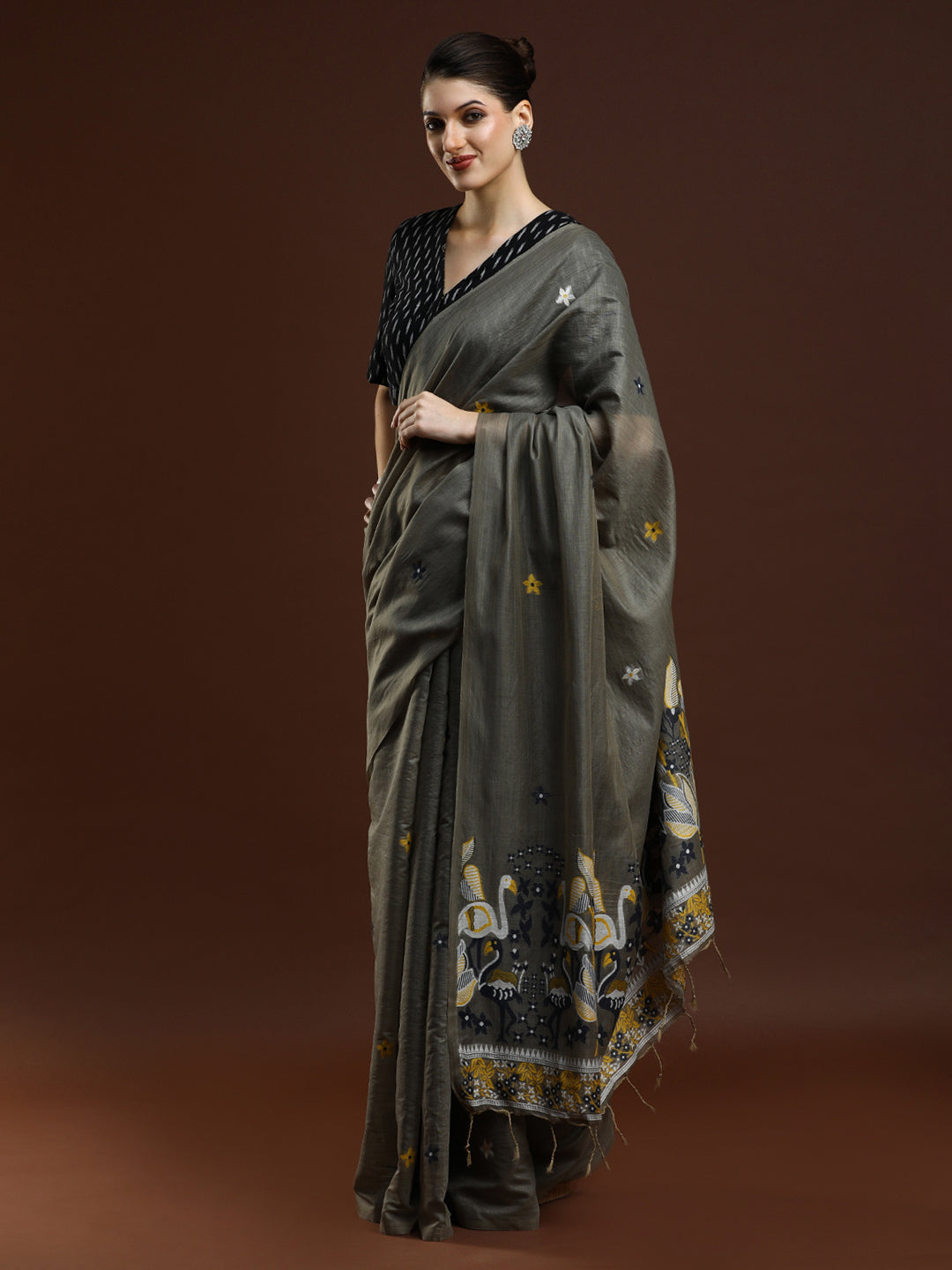 Sarha Floral Printed Muga Saree in Grey
