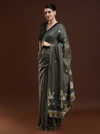 Sarha Floral Printed Muga Saree in Grey
