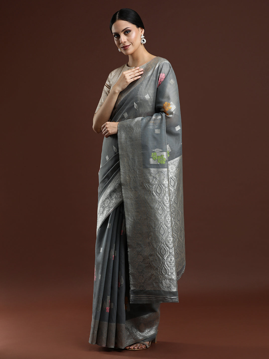 Woven Design Floral Chanderi Cotton Saree in Grey