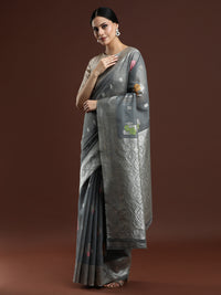 Woven Design Floral Chanderi Cotton Saree in Grey