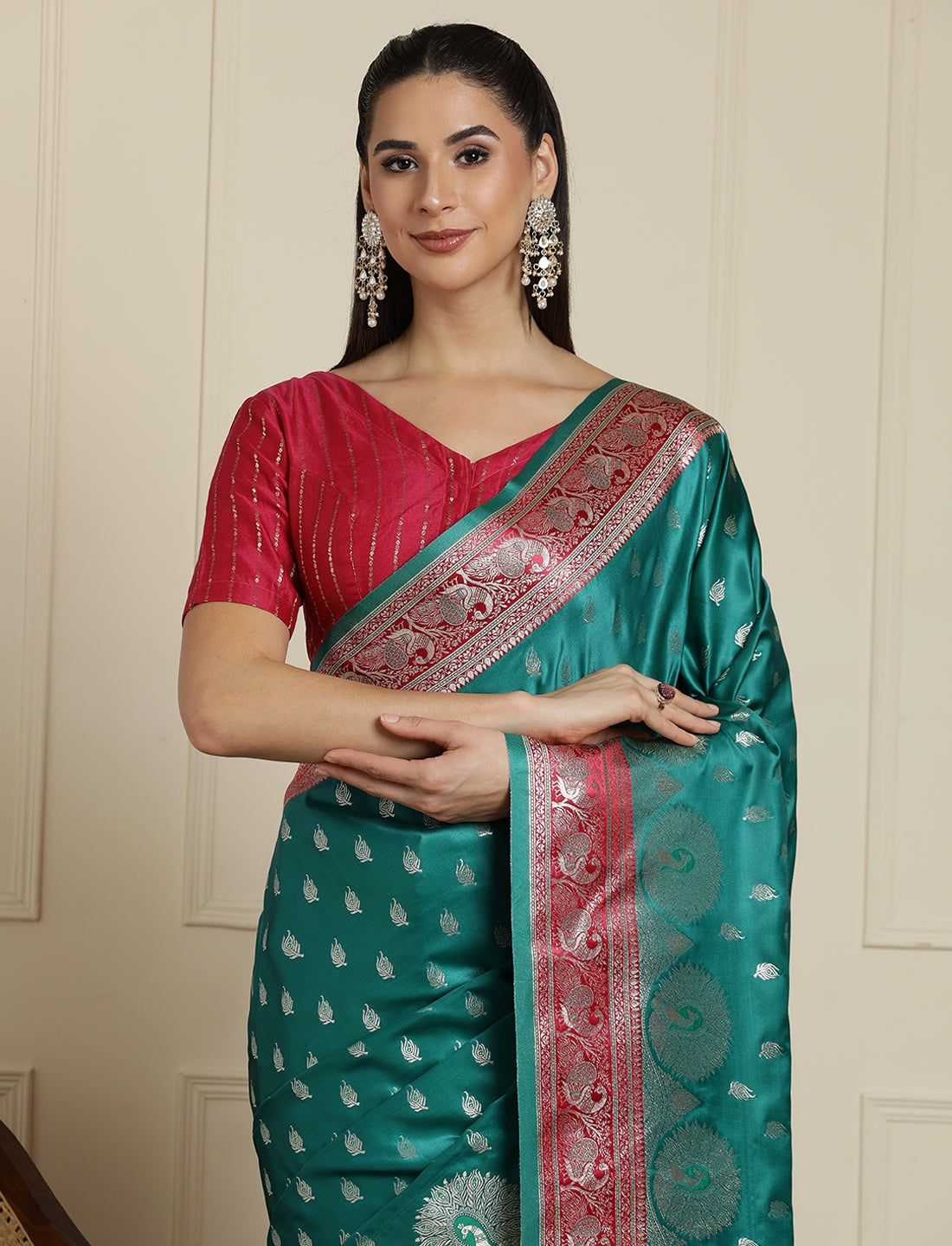 Ethnic Motif Woven Design Zari Banarasi Satin Silk Saree & Blouse Piece in Sea Green