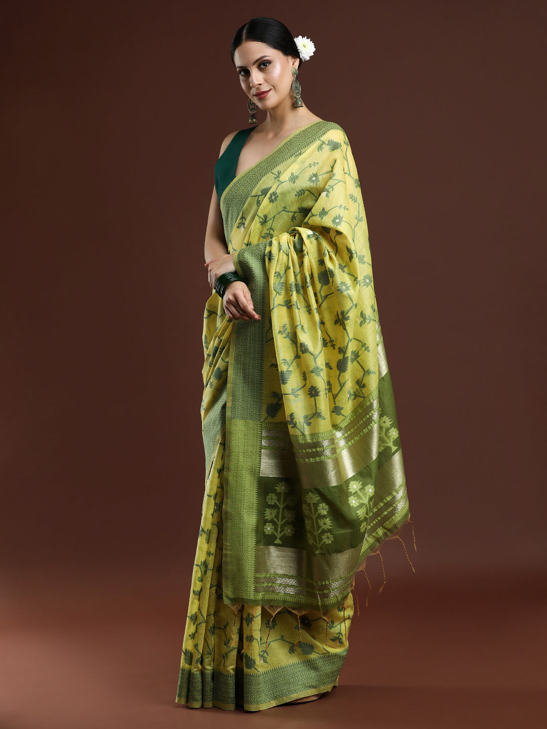 Woven Design Floral Chanderi Cotton Saree in Lime Green