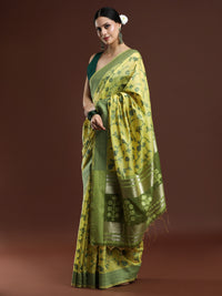 Woven Design Floral Chanderi Cotton Saree in Lime Green