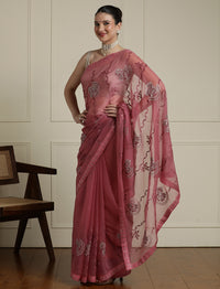 Floral Embellished Chiffon Saree With Unstitched Blouse in Pink