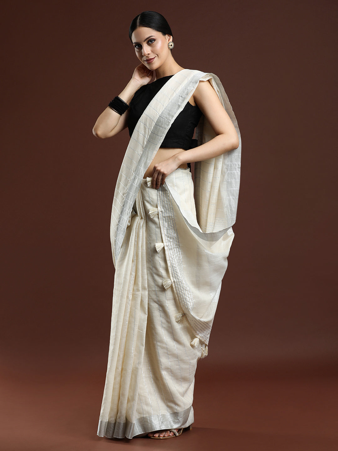 Woven Design Striped Bhagalpuri Saree in Cream