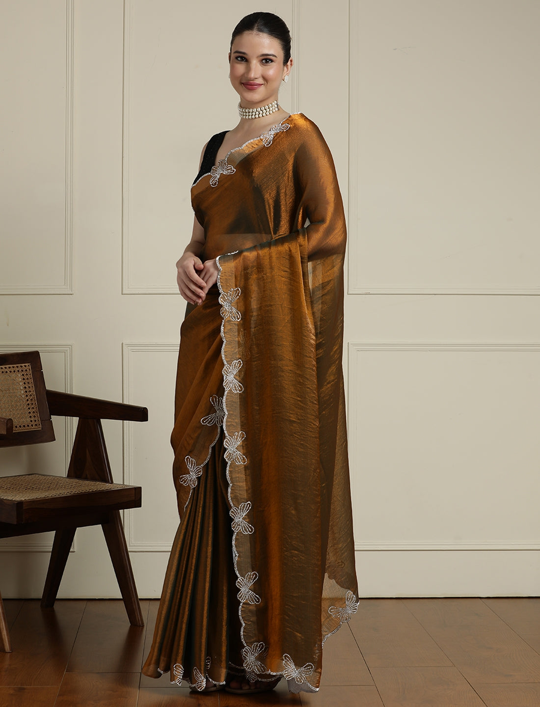 Beads and Stones Wedding Saree With Blouse in Mustard / Gold