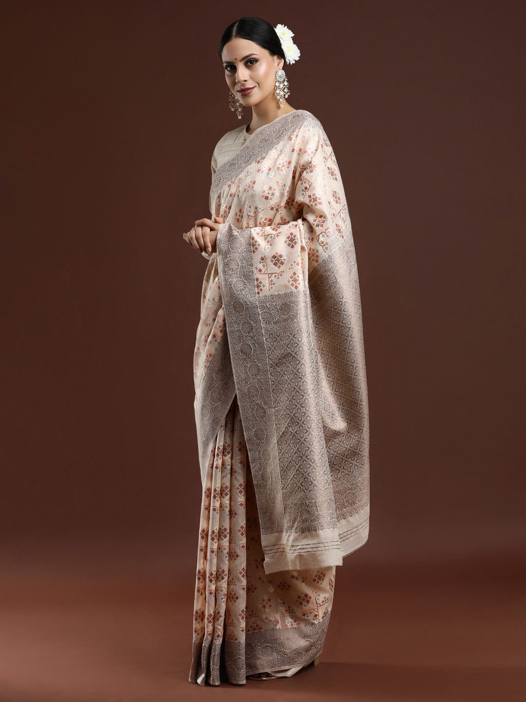 Woven Design Chanderi Cotton Saree in Light Peach