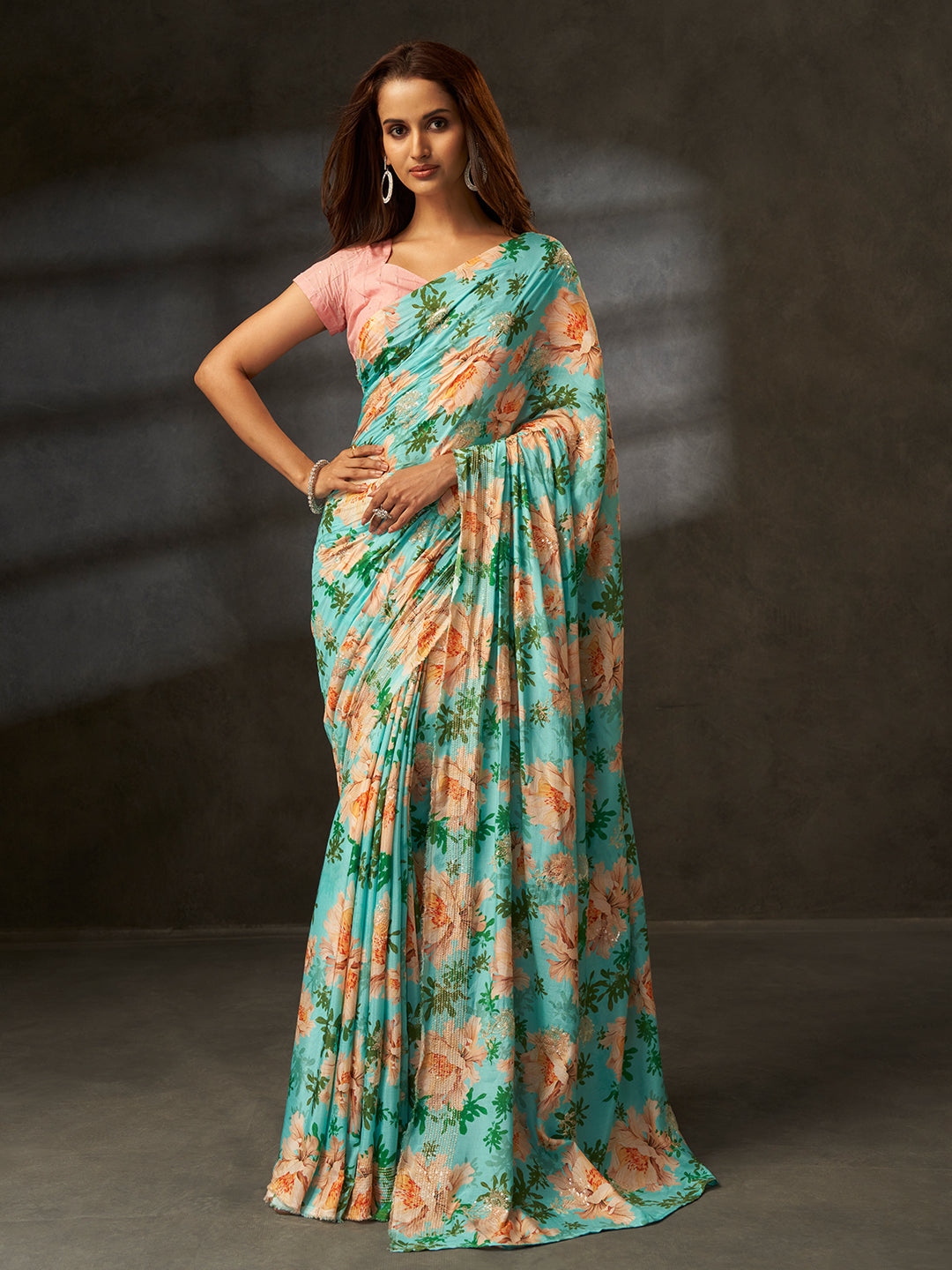 Bageecha Royale in Aqua Blue with Floral Motifs