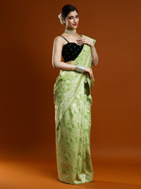 Sarha Floral Woven Design Zari Chanderi Saree in Light Green