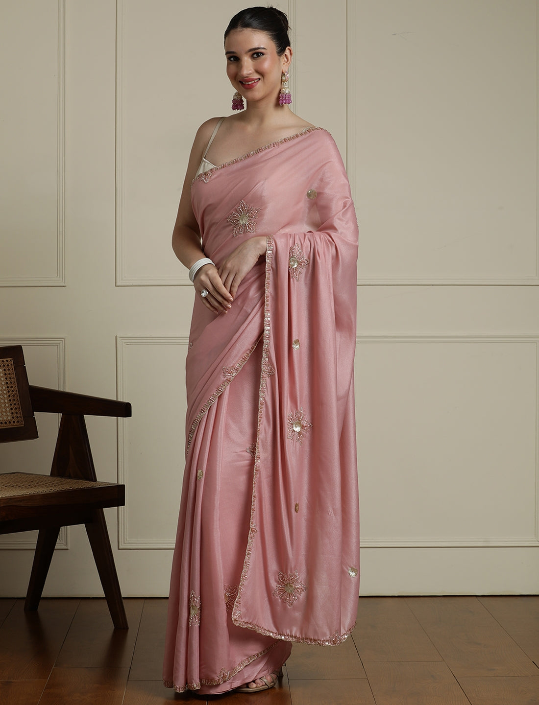 Embelished Saree With Blouse in Pink