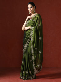 Ethnic Motifs Embroidered Sequinned Saree in green
