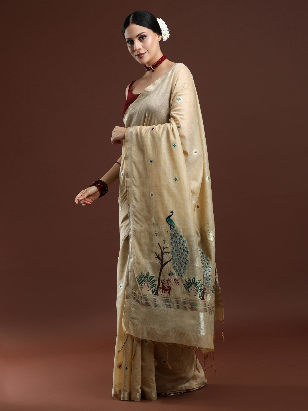 Woven Design Floral Muga Cotton Saree in Beige