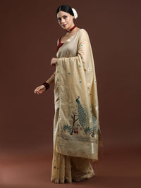 Woven Design Floral Muga Cotton Saree in Beige