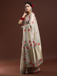 Woven Design Floral Muga Cotton Saree in Red Motifs