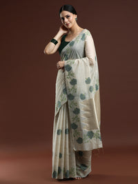 Woven Design Floral Muga Cotton Saree in Green Motifs