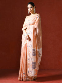 Handloom Geometric Woven Design Chanderi Saree in peach