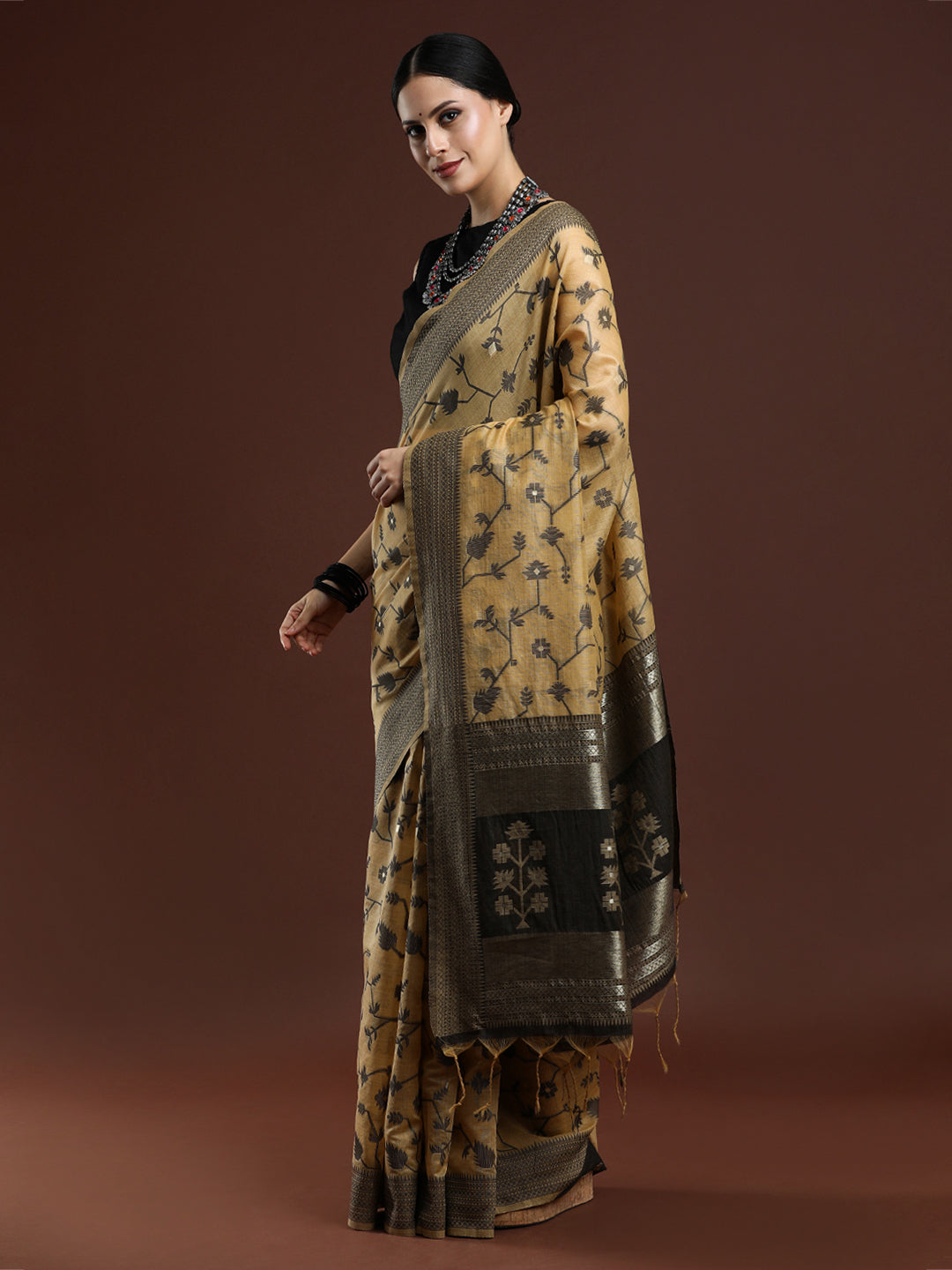 Woven Design Floral Chanderi Cotton Saree in Occur Yellow