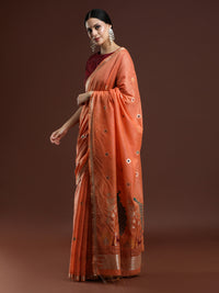 Woven Design Floral Muga Cotton Saree in Orange