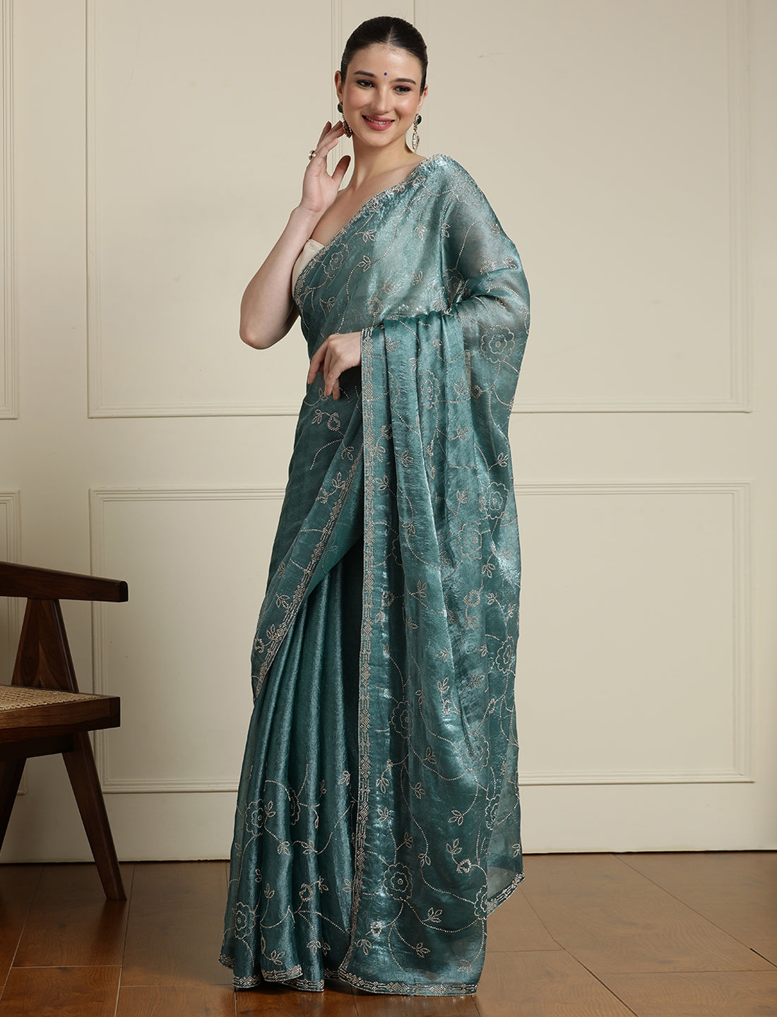 Embellished Saree With Unstitched Blouse in Blue