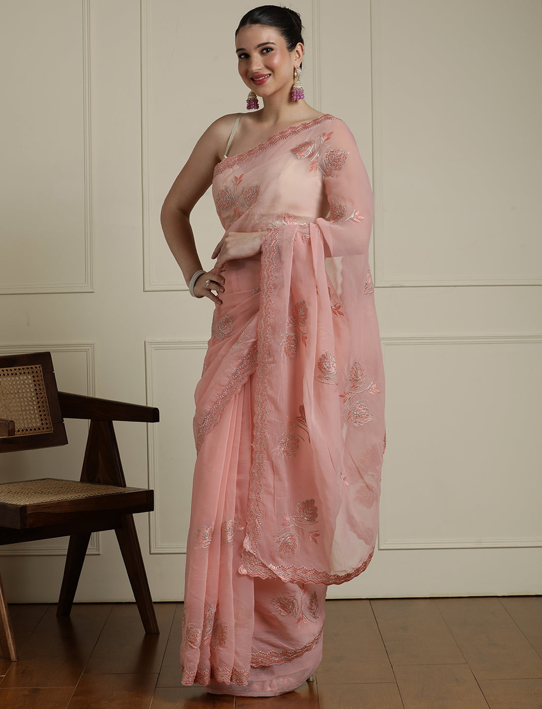 Floral Motifs Embroidered Saree with Unstitched Blouse in Peach