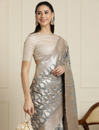 Ethnic Geometric Woven Design Muga Saree With Blouse Piece in Grey
