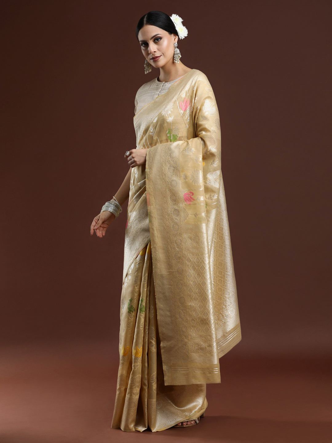 Woven Design Floral Chanderi Cotton Saree in Beige