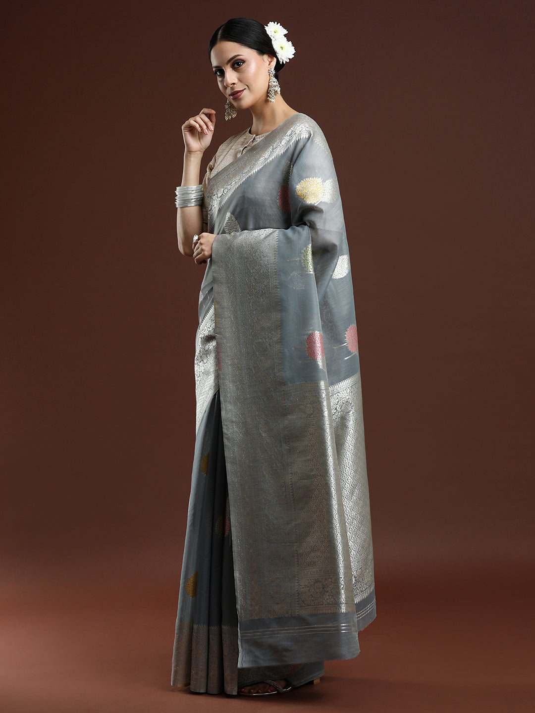 Woven Design Chanderi Cotton Saree in Grey